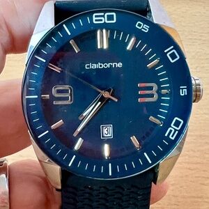 VINTAGE CLAIBORNE WATCH CLM1032 STAINLESS STEELE NAVY BLUE FACE DATE NEW BATTERY